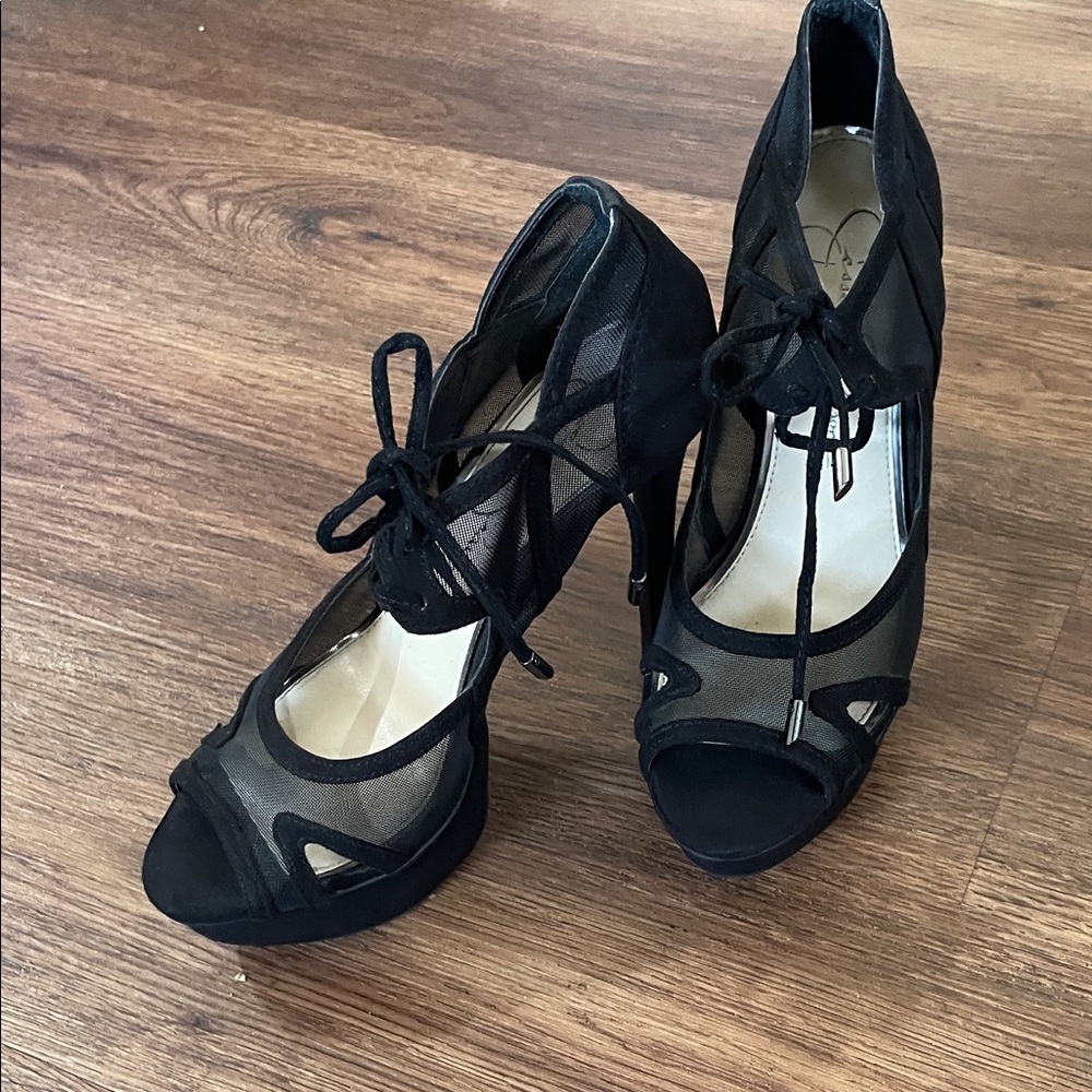 Jessica Simpson Black Mesh Lace-Up Heels